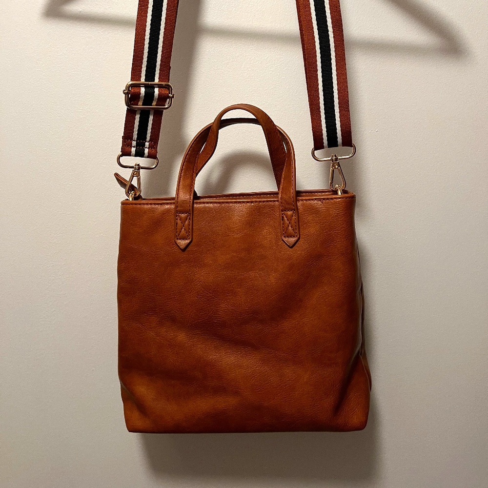Moda Luxe Vegan Leather Crossbody Tote with Striped Strap